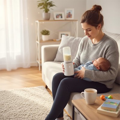 Mother feeding baby with bottle in cozy living room, soft lighting, baby sleep essentials