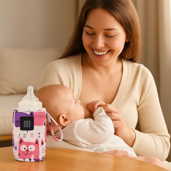 Mother holding baby with colorful cat-themed bottle cozy for soothing nighttime feeds