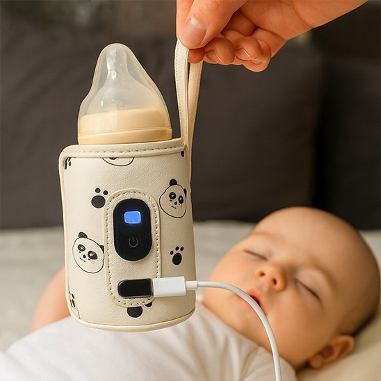 Panda-themed baby bottle warmer with digital display, warming milk for sleeping infant