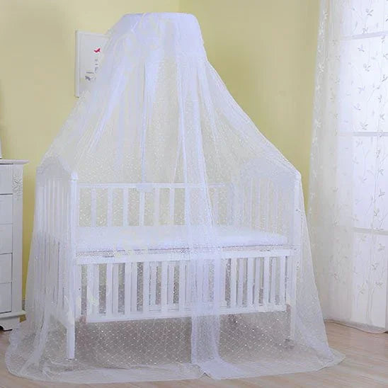 White lace baby crib canopy for safe, cozy nursery sleep