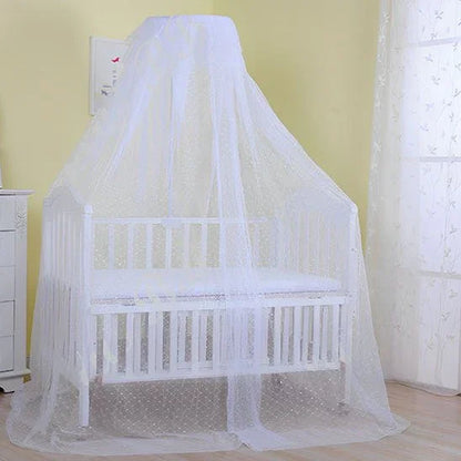 White lace baby crib canopy for safe, cozy nursery sleep