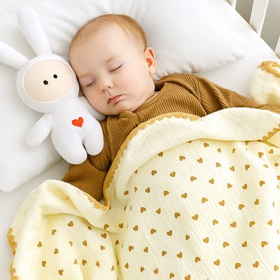 Baby sleeping peacefully with plush bunny and heart-patterned blanket for cozy nursery nights