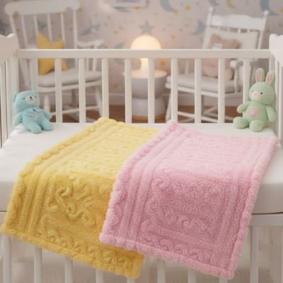Soft yellow and pink baby blankets in crib with plush toys, perfect for cozy sleep