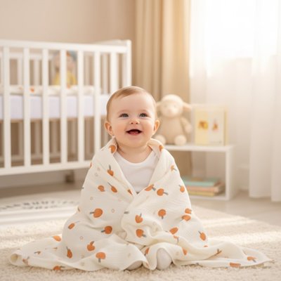 Happy baby wrapped in cozy orange-print blanket, sitting on nursery floor near crib
