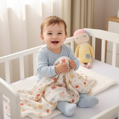 Happy baby smiling in crib with floral blanket, soft toy nearby for cozy sleep