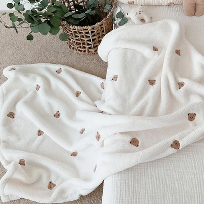 Couverture bébé polaire microfibre motif oursons blanc cassé 