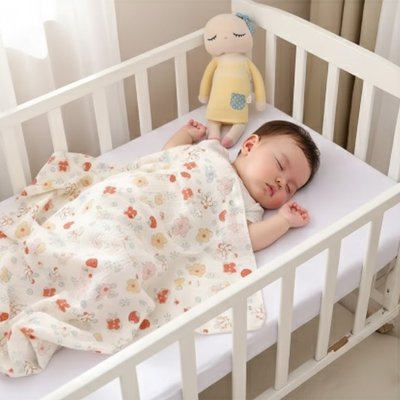Baby sleeping peacefully in crib with floral blanket and soft toy, ideal for gentle bedtime routines