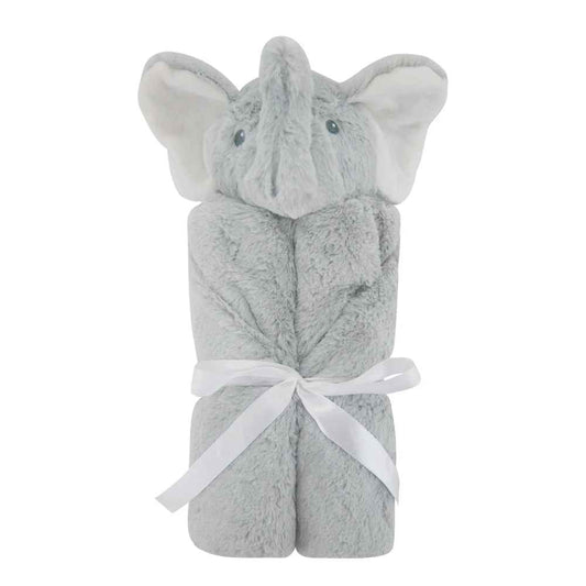 Soft gray elephant plush blanket with white ribbon, perfect for baby's cozy sleep and comfort.