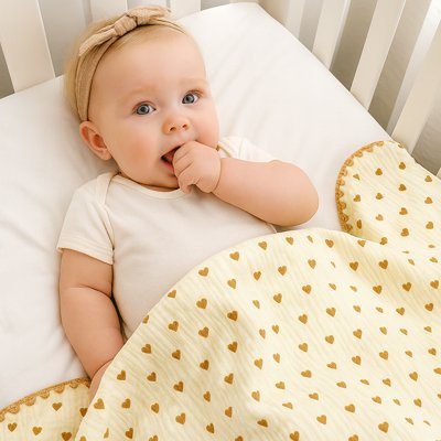 Couverture légère pour bébé en mousseline de coton avec motifs cœurs dorés, adaptée à la peau sensible des nouveau-nés, couvrant un bébé éveillé qui suce son pouce.