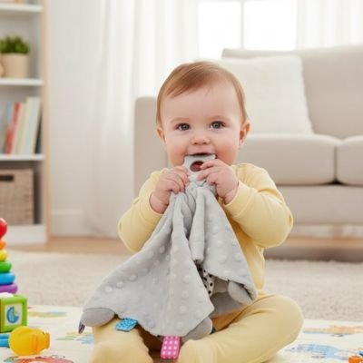 Bébé jouant avec un doudou lapin gris ultra doux à texture peluche veloutée