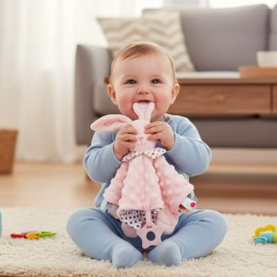 Bébé utilisant son doudou lapin rose comme objet transitionnel pour l'endormissement.