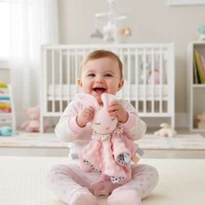Happy baby holding pink bunny comforter in nursery, soft sleep accessory for sweet dreams