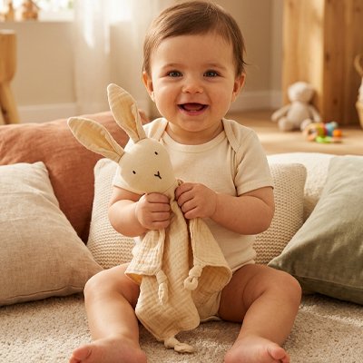 Happy baby holding soft bunny lovey blanket, cozy nursery setting for gentle sleep