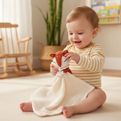 Happy baby holding cozy fox plush blanket, soft comfort for gentle sleep and playtime