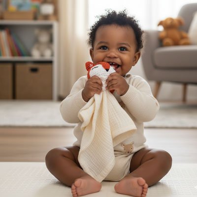 Happy baby holding soft blanket with plush toy, cozy nursery setting for sweet sleep