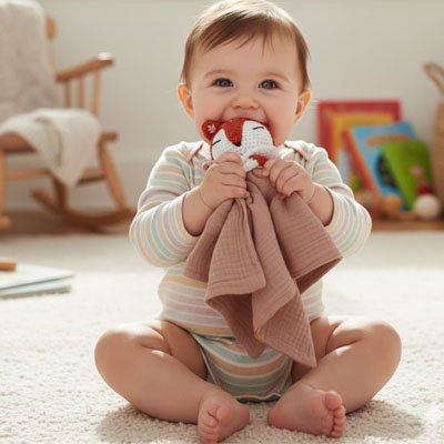 Happy baby chewing teething toy with soft blanket, cozy nursery setting for gentle sleep and comfort