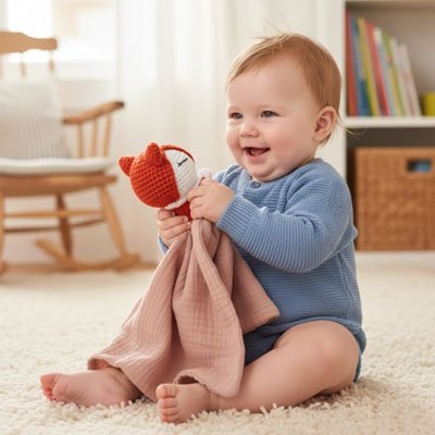 Happy baby holding cozy fox plush toy and soft blanket for gentle sleep comfort