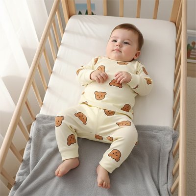 Baby in cozy bear-print pajamas sleeping peacefully in wooden crib, soft blanket for gentle sleep