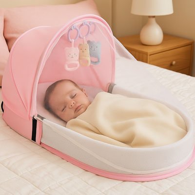 Bébé dormant paisiblement dans un lit parapluie rose avec moustiquaire et hochets, idéal pour un sommeil doux et sécurisé.