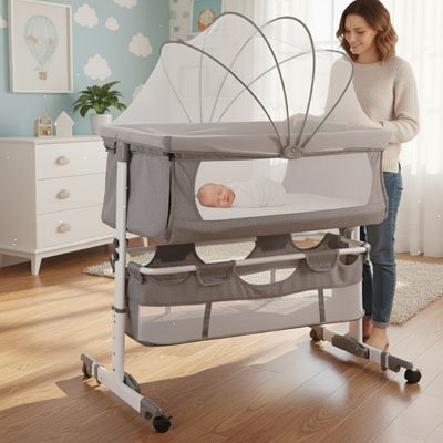 Lit cododo bébé sur roulettes, berceau 2-en-1 pliable pour chambre parentale.