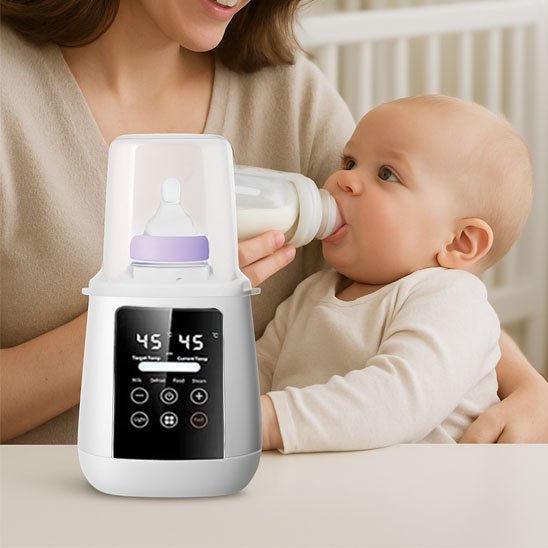Smart baby bottle warmer with digital display heating milk to 45°C for infant feeding, mom holding baby