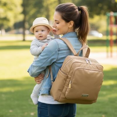 Mom carrying baby with beige diaper bag outdoors, perfect for baby essentials and on-the-go comfort