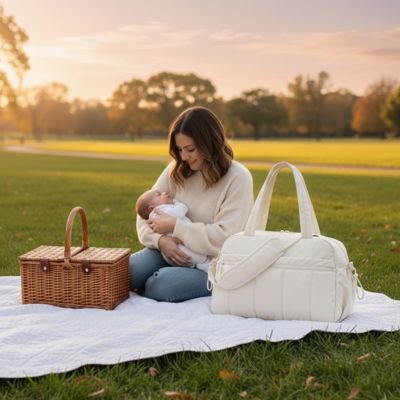 Mother holding baby during outdoor picnic with wicker basket and diaper bag on blanket at sunset