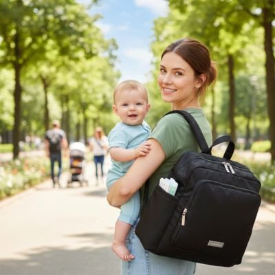 Mom carrying baby with black diaper bag in park, perfect for baby essentials and outings