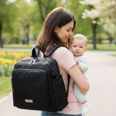 Mother carrying baby with black diaper bag in park, ideal for comfortable outings