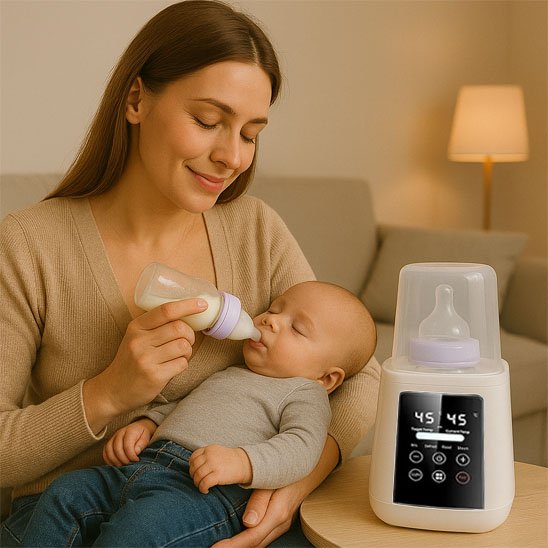 Mother feeding baby with bottle beside smart bottle warmer for cozy nighttime care