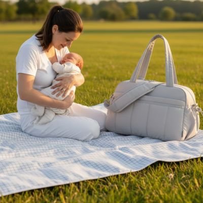 Mom holding newborn baby on picnic blanket with diaper bag, outdoor baby essentials for comfort and care