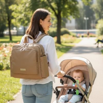 Mom pushing baby stroller with beige diaper bag, enjoying park walk for baby's comfort and sleep essentials