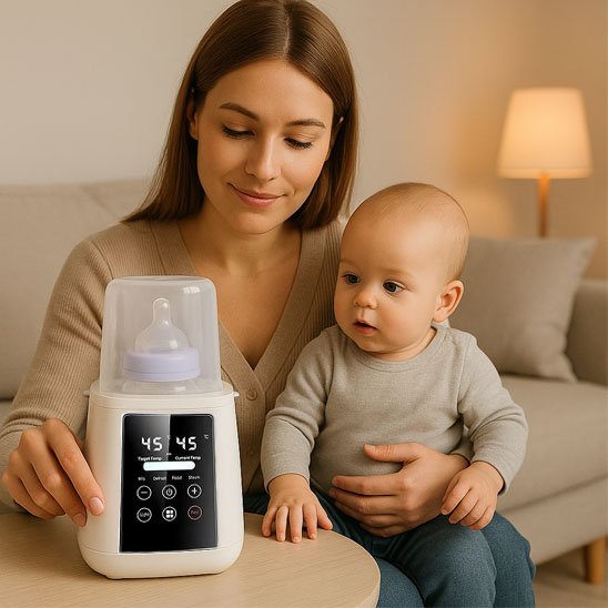 Mother holding baby with smart bottle warmer for cozy nighttime feeding