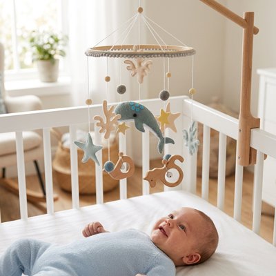 Baby sleeping under wooden crib mobile with whale, stars, and sea creatures for soothing nursery decor
