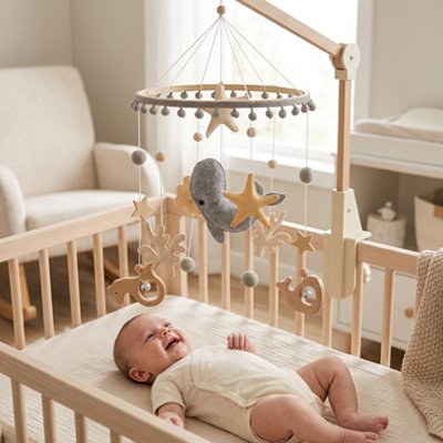Happy baby smiling in crib under wooden mobile with stars and whale, cozy nursery setting
