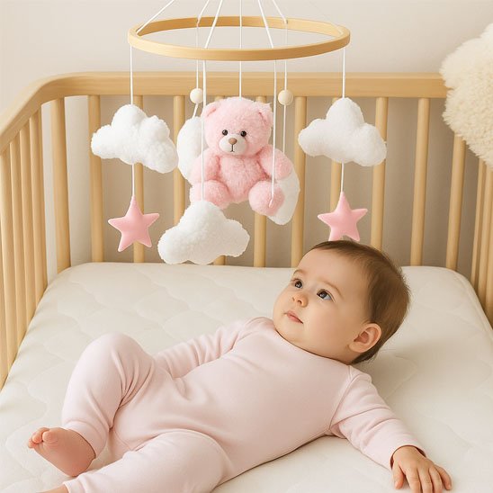 Mobile bébé en bois de style scandinave avec un ourson en peluche rose, des nuages blancs et des étoiles pastel suspendus au-dessus d'un berceau, regardé par un nourrisson. 