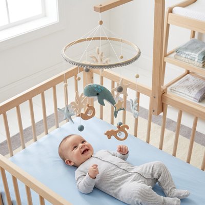 Happy baby in crib with wooden mobile, soft bedding, and nautical-themed toys for peaceful sleep