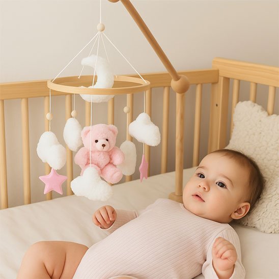 Mobile pour berceau en bois naturel avec ourson en peluche rose, lune et nuages blancs, fixé par un bras articulé en bois, avec un bébé qui regarde.