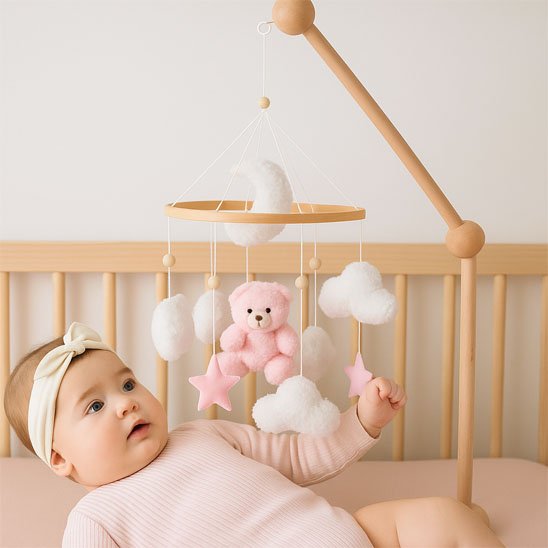 Vue rapprochée d'un mobile d'éveil en bois avec ourson rose et nuages, où un bébé portant un bandeau tend la main pour toucher une étoile pastel.