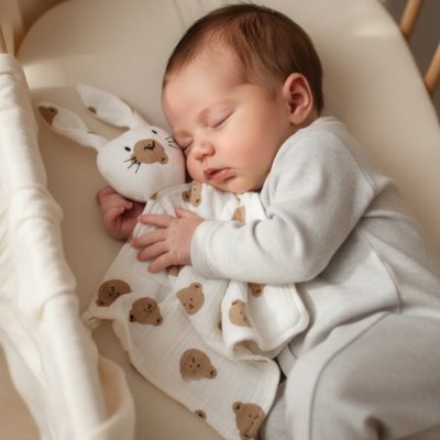 Sleeping baby with soft bunny plush and bear-print blanket for cozy nursery nights