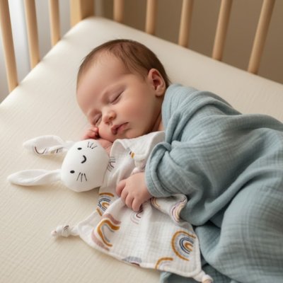 Baby sleeping peacefully in crib with soft bunny lovey and rainbow blanket for sweet dreams