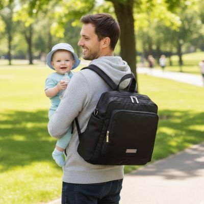 Dad carrying baby and black diaper bag in park, ideal for comfortable outings and baby essentials