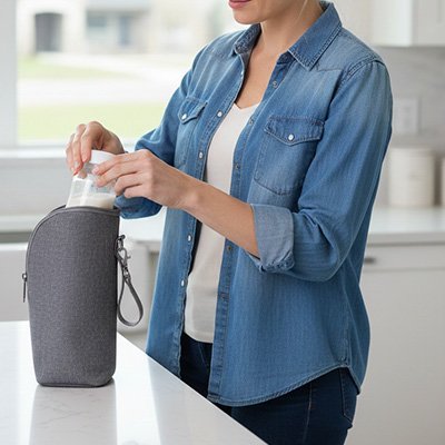 Woman placing baby bottle in gray insulated bottle bag for on-the-go feeding