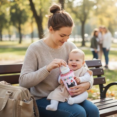 Mom feeding baby with bottle in park, cozy baby essentials for happy parenting