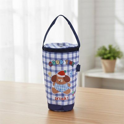 Blue checkered baby bottle holder with cute bear design, perfect for soothing nighttime routines.
