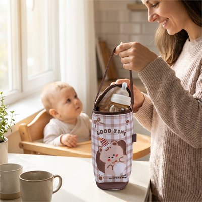 Mom holding cute baby bottle bag with bear print, perfect for baby feeding essentials