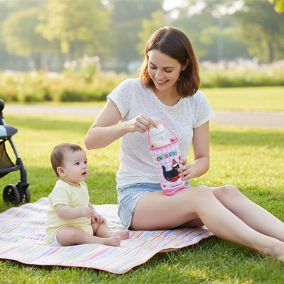 Mom and baby enjoying outdoor picnic with baby bottle, soft blanket, and stroller in park