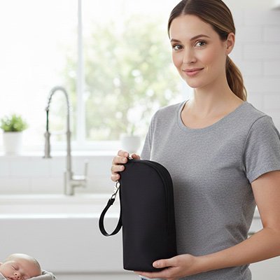 Woman holding black baby essentials pouch in bright nursery, ideal for diaper bag organization and on-the-go comfort