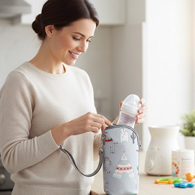 Mom holding baby bottle with cute teepee-patterned insulated bottle holder for on-the-go feeding