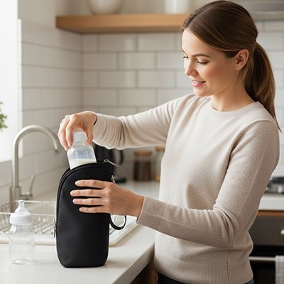 Mom placing baby bottle in black insulated bottle bag in kitchen, ideal for baby sleep essentials